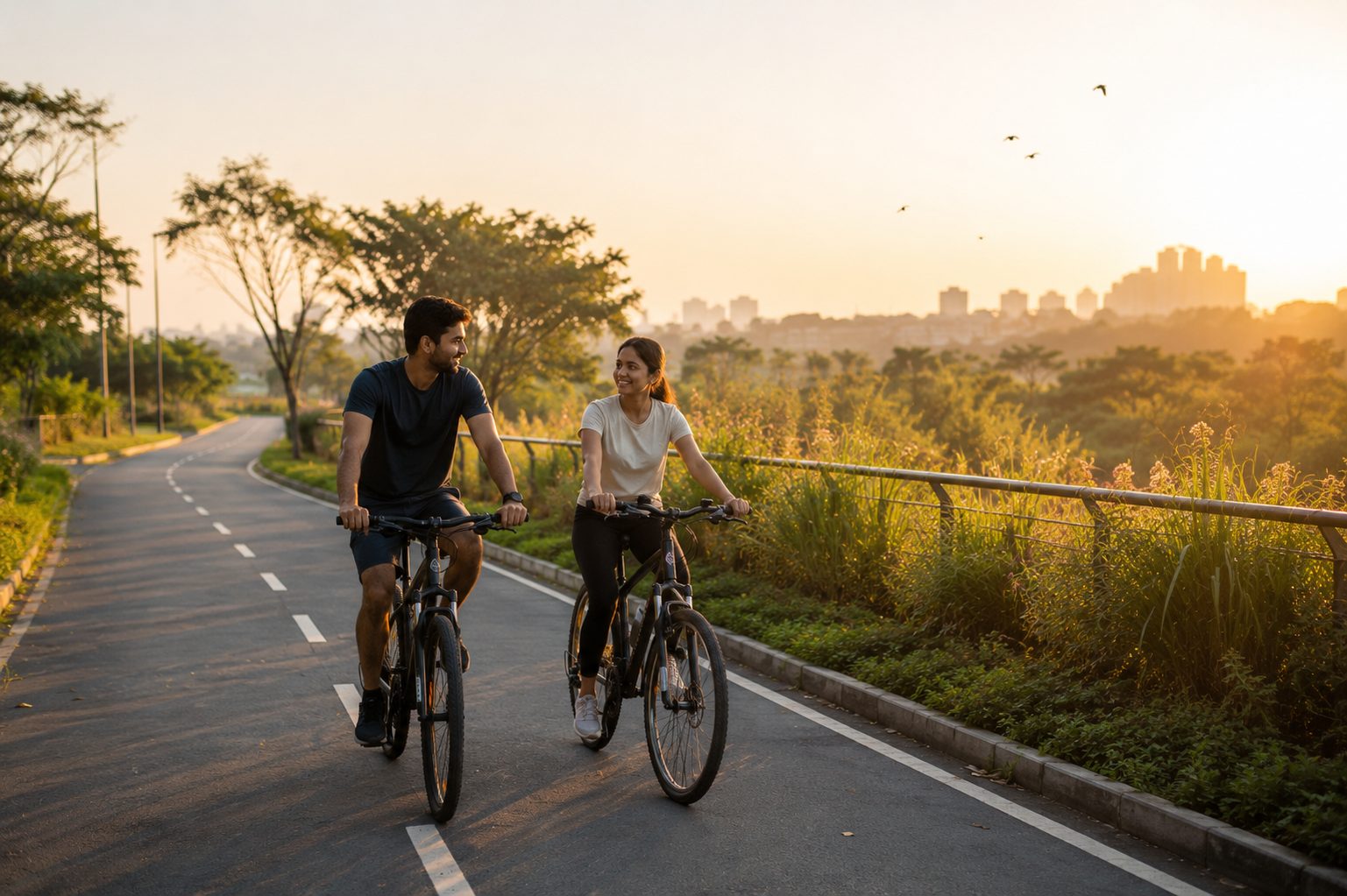 A couple cycling together at sunrise