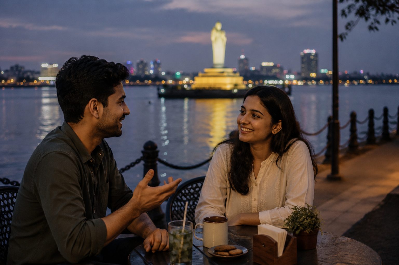 Two people talking over coffee by Hussain Sagar lake at dusk