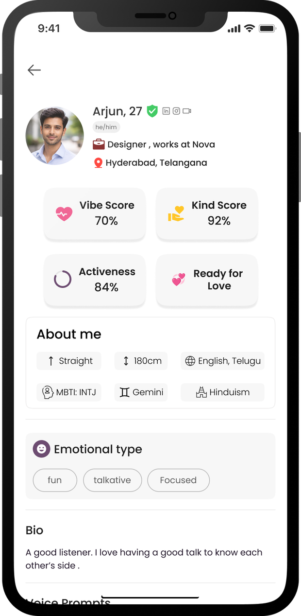 A Merai profile showing vibe score, kind score and activeness